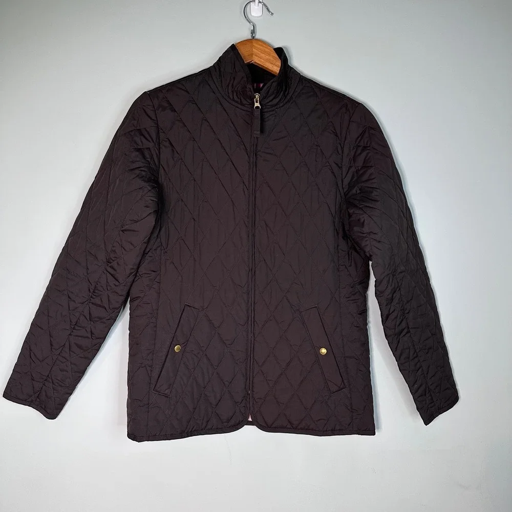 Lands End Black Quilted Barn Jacket Gold Hardware Pink Lining Women's Size Small